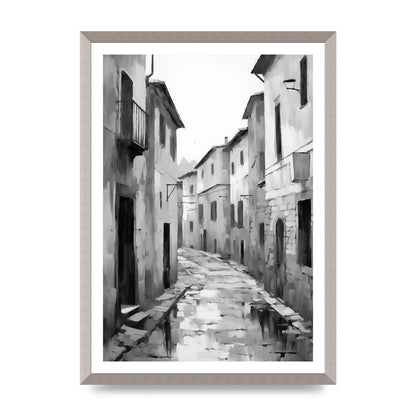Serene Village Street in Monochrome