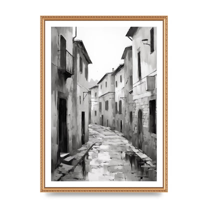 Serene Village Street in Monochrome