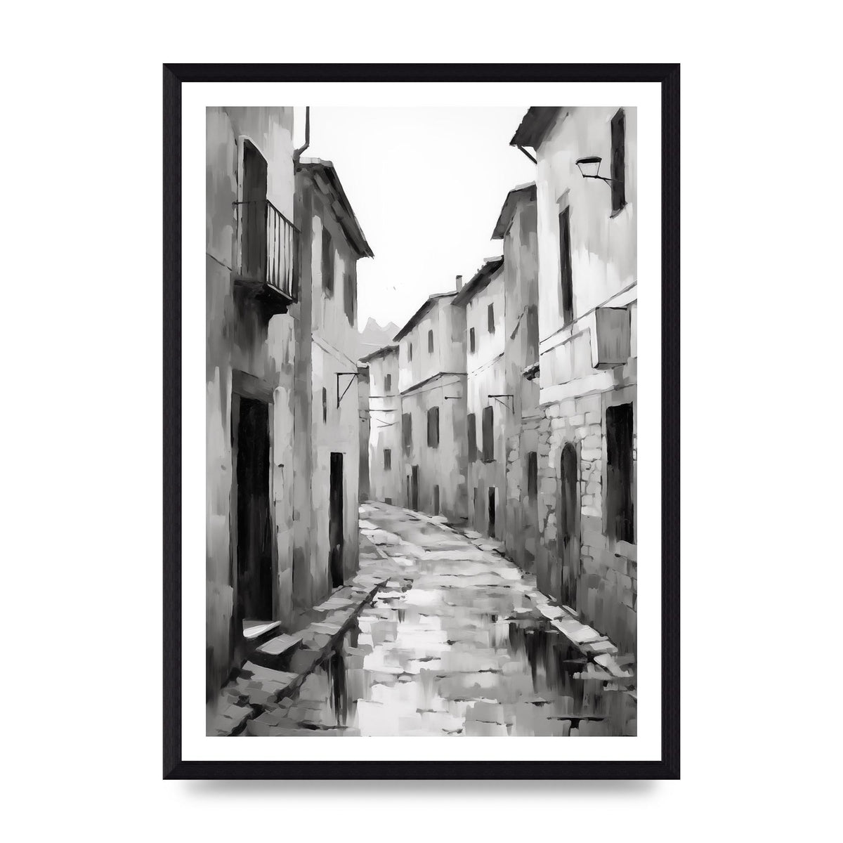 Serene Village Street in Monochrome