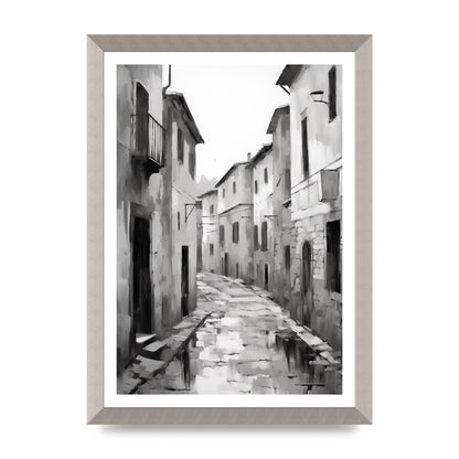 Serene Village Street in Monochrome
