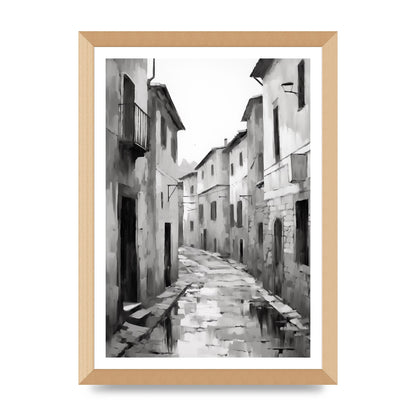 Serene Village Street in Monochrome