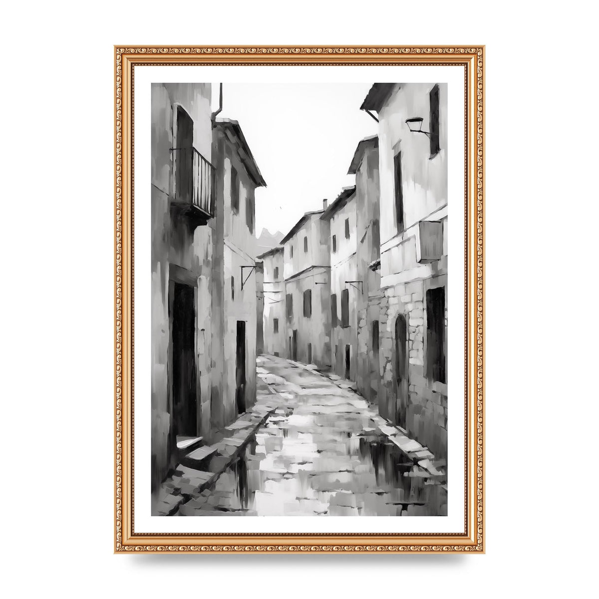 Serene Village Street in Monochrome