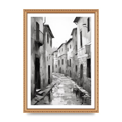 Serene Village Street in Monochrome