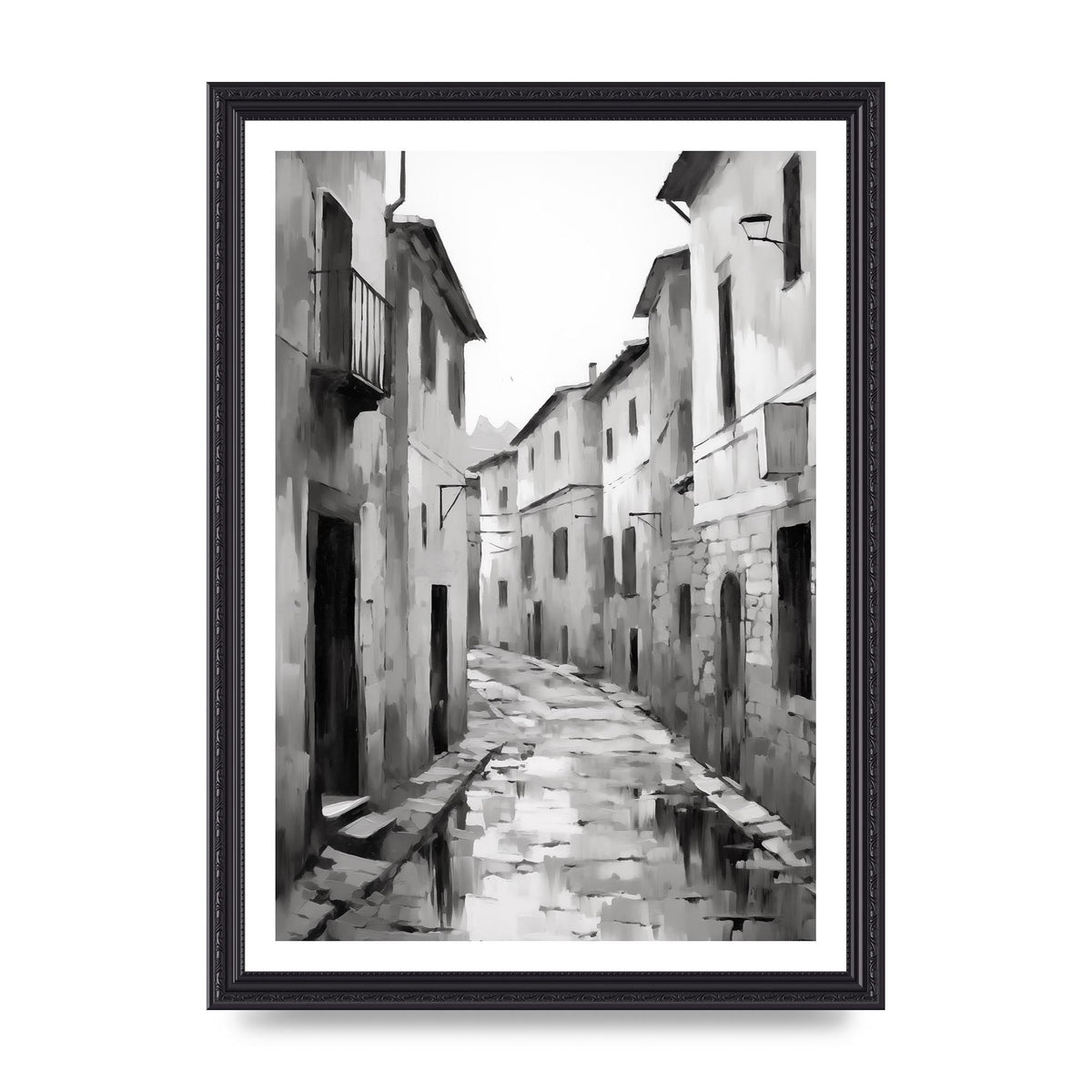 Serene Village Street in Monochrome