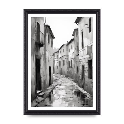 Serene Village Street in Monochrome