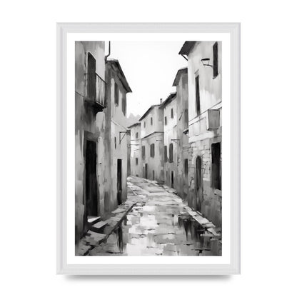 Serene Village Street in Monochrome