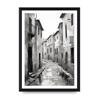 Serene Village Street in Monochrome