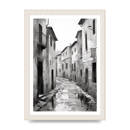 Serene Village Street in Monochrome