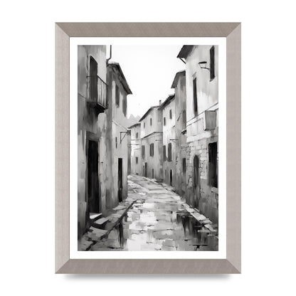 Serene Village Street in Monochrome