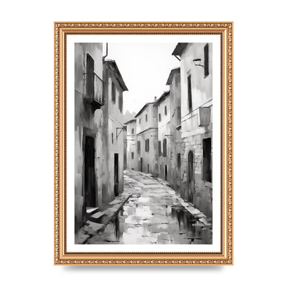Serene Village Street in Monochrome