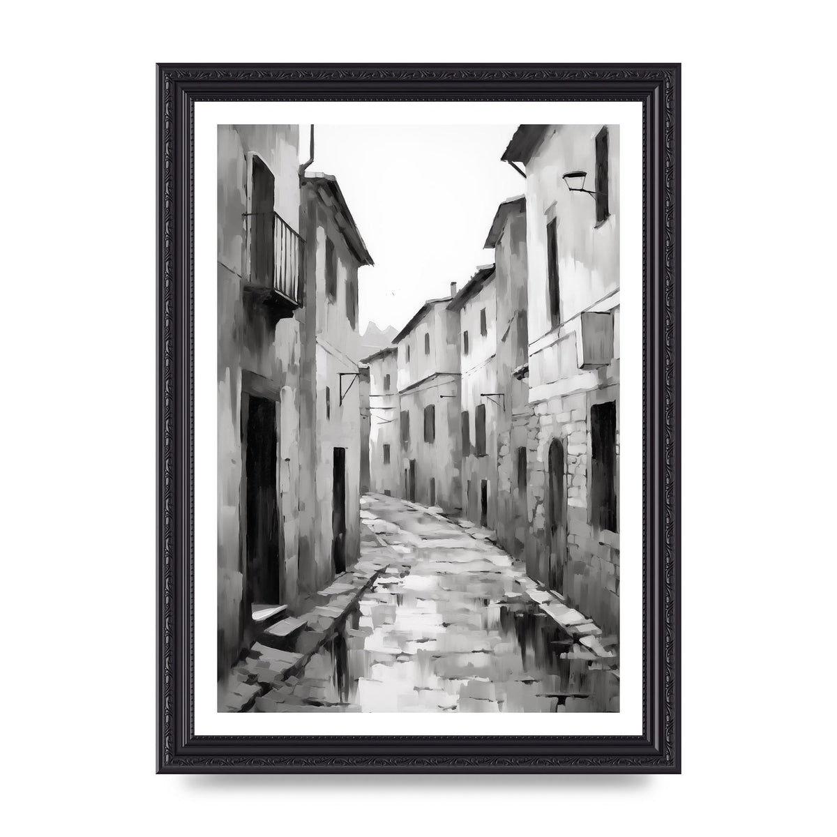 Serene Village Street in Monochrome