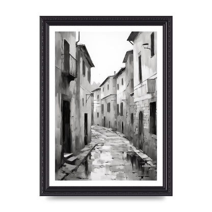 Serene Village Street in Monochrome