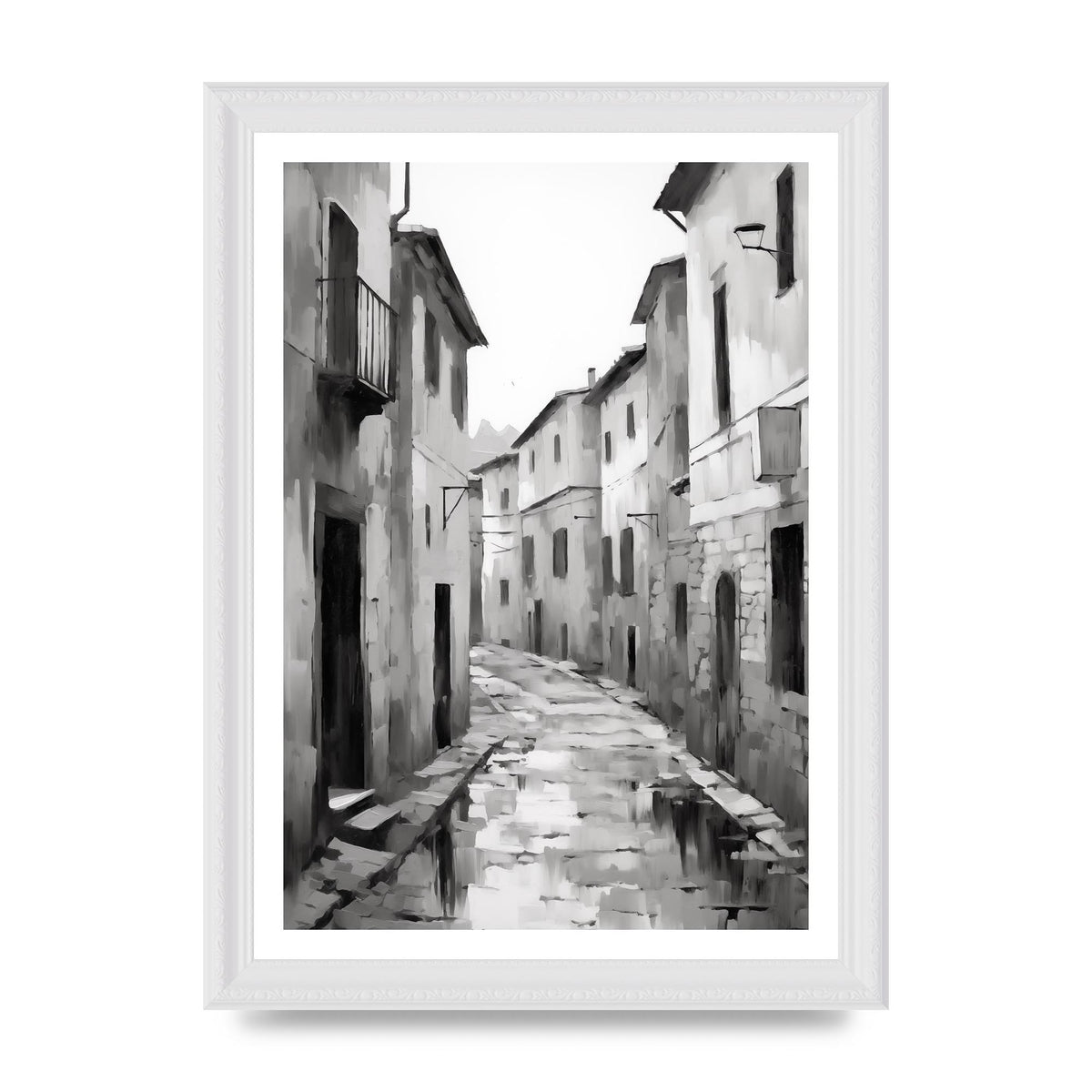 Serene Village Street in Monochrome