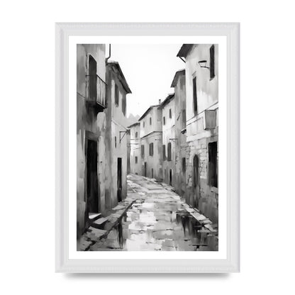 Serene Village Street in Monochrome