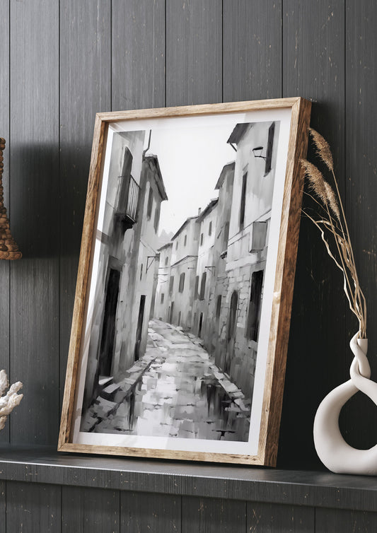 Serene Village Street in Monochrome