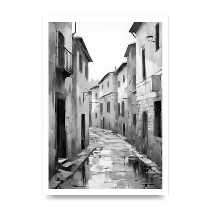 Serene Village Street in Monochrome