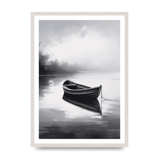 Solitary Boat on Serene Lake Painting, print in an A2 white saw cut grain frame