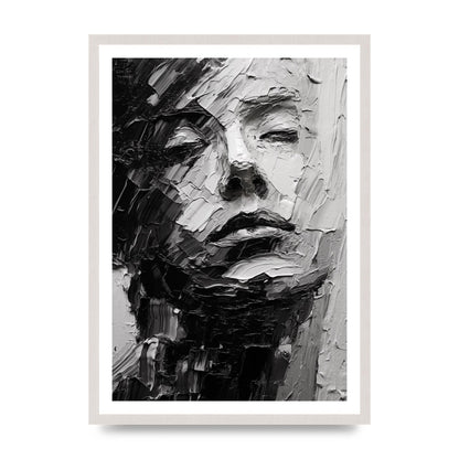 Textured Black and White Abstracted Portrait, print in an A2 white saw cut grain frame