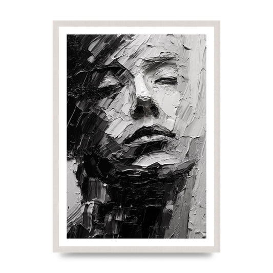 Textured Black and White Abstracted Portrait, print in an A2 white saw cut grain frame