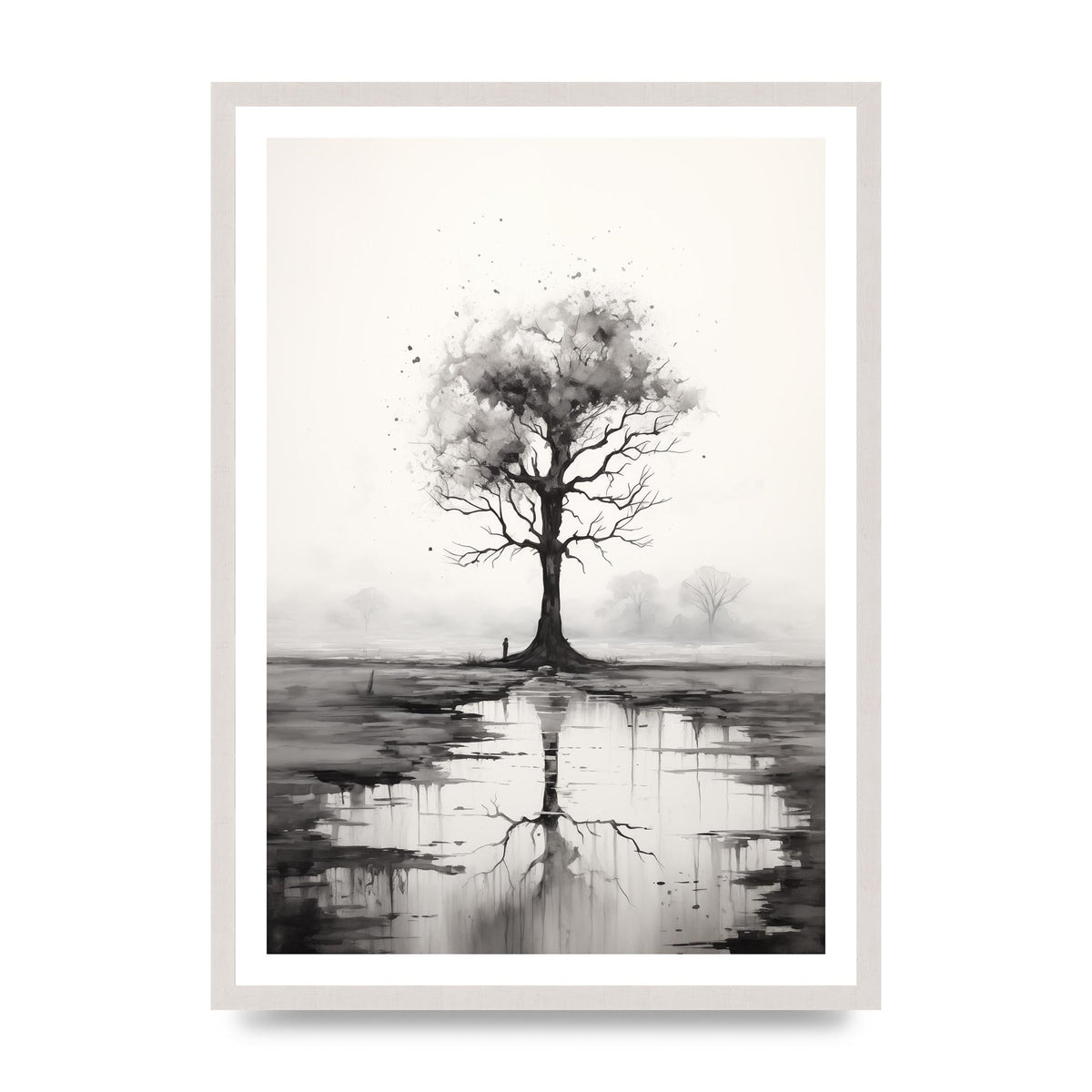Isolated Tree in Monochromatic Nature, print in an A2 white saw cut grain frame
