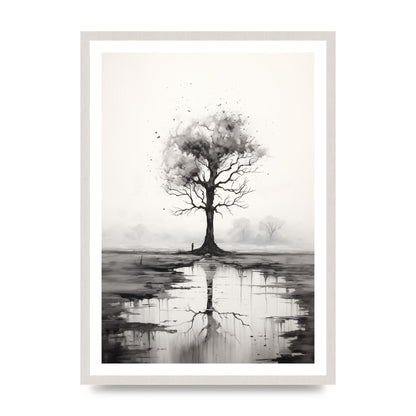 Isolated Tree in Monochromatic Nature, print in an A2 white saw cut grain frame