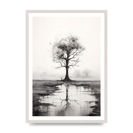 Isolated Tree in Monochromatic Nature, print in an A2 white saw cut grain frame