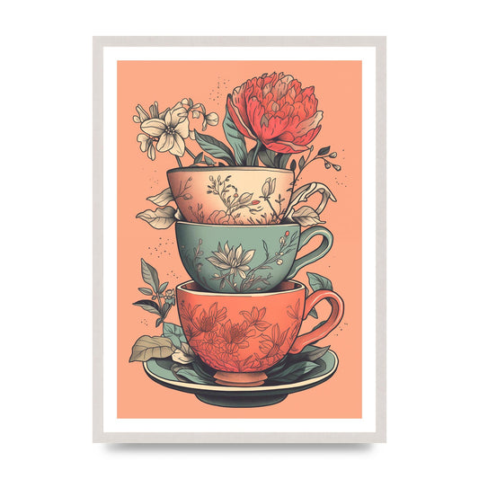 Floral Trio of Cups Risograph Art