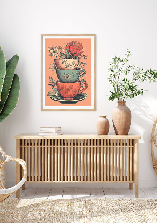 Floral Trio of Cups Risograph Art