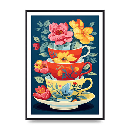 Vivid Stacked Flower-Patterned Teacups
