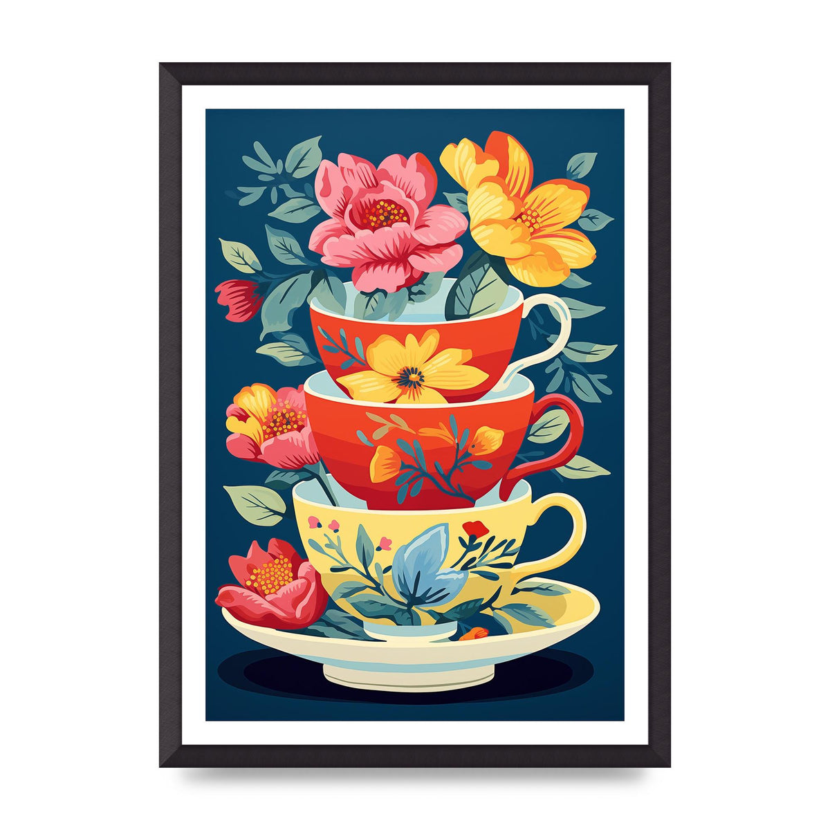 Vivid Stacked Flower-Patterned Teacups