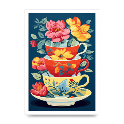 Vivid Stacked Flower-Patterned Teacups
