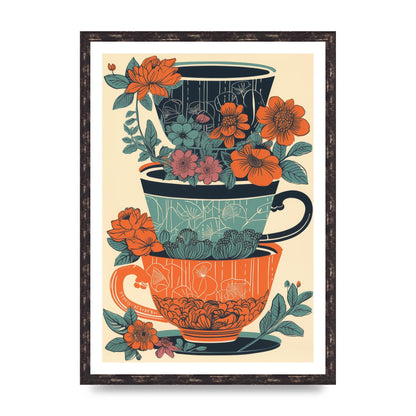 Exquisite Trio of Floral Cups Risograph