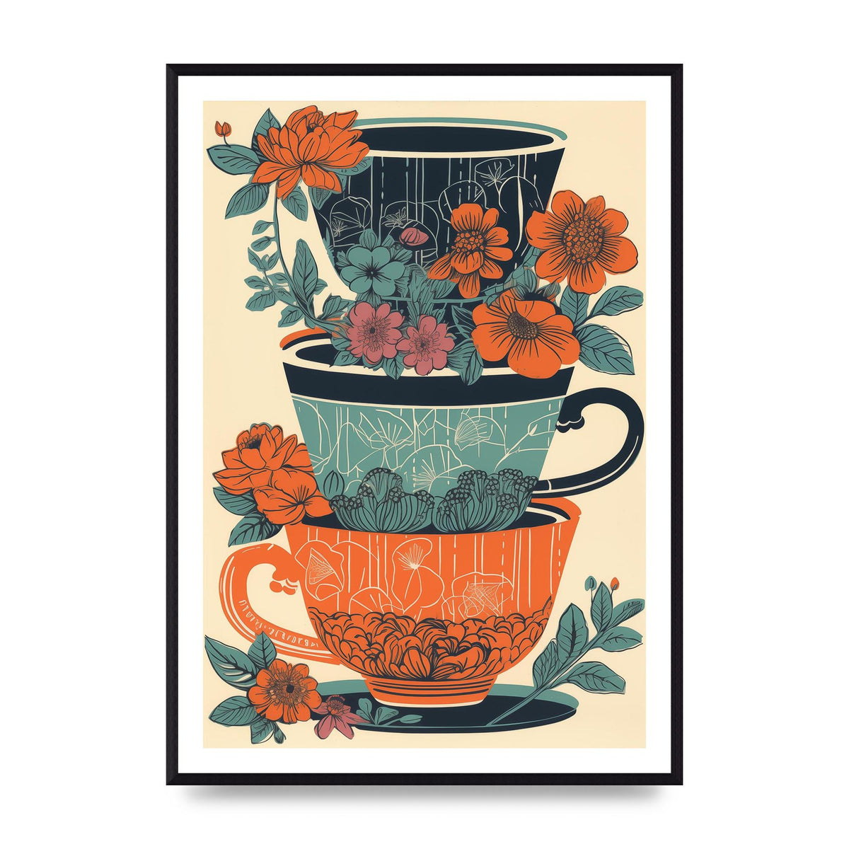 Exquisite Trio of Floral Cups Risograph