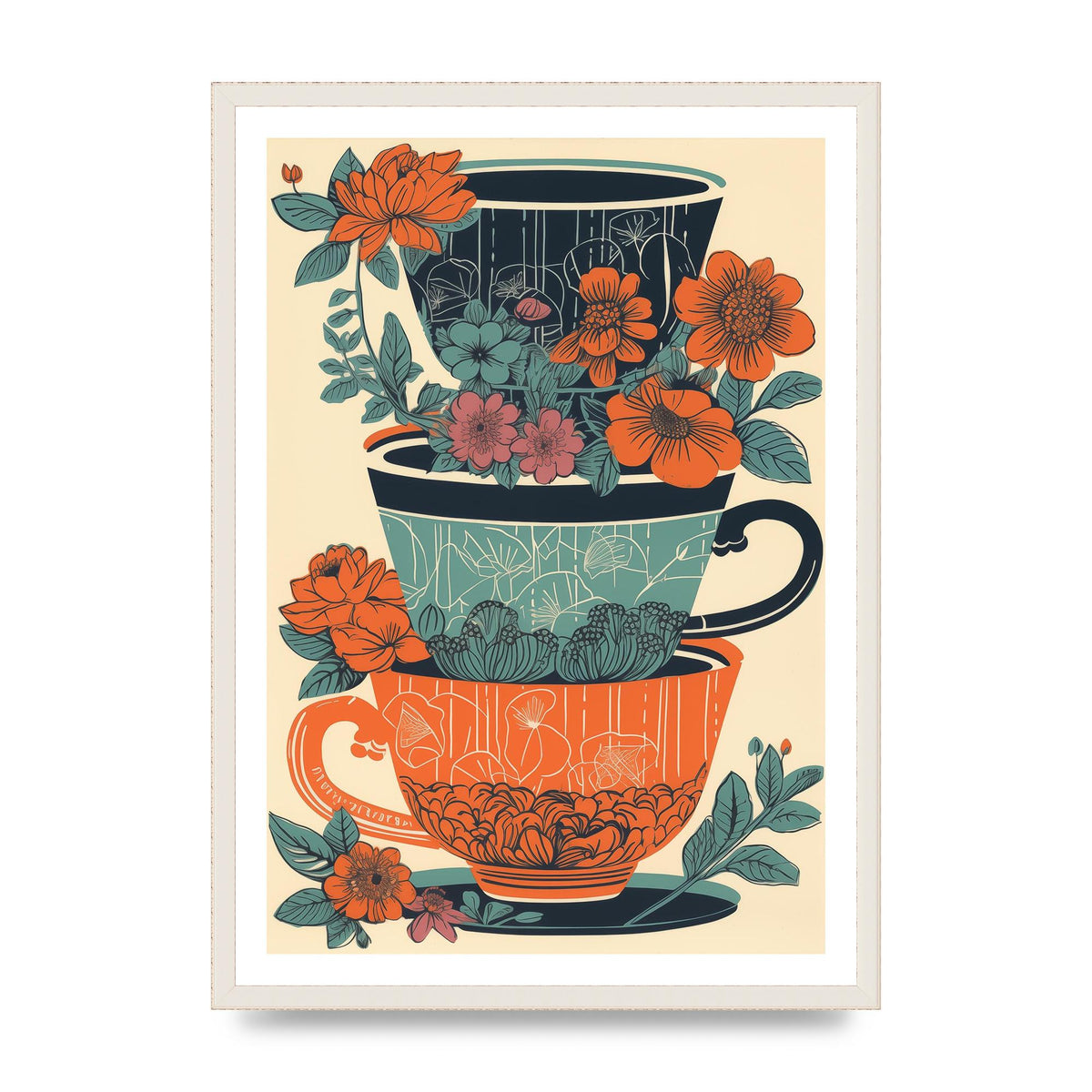 Exquisite Trio of Floral Cups Risograph