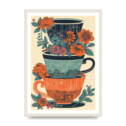 Exquisite Trio of Floral Cups Risograph