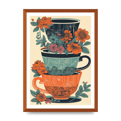 Exquisite Trio of Floral Cups Risograph