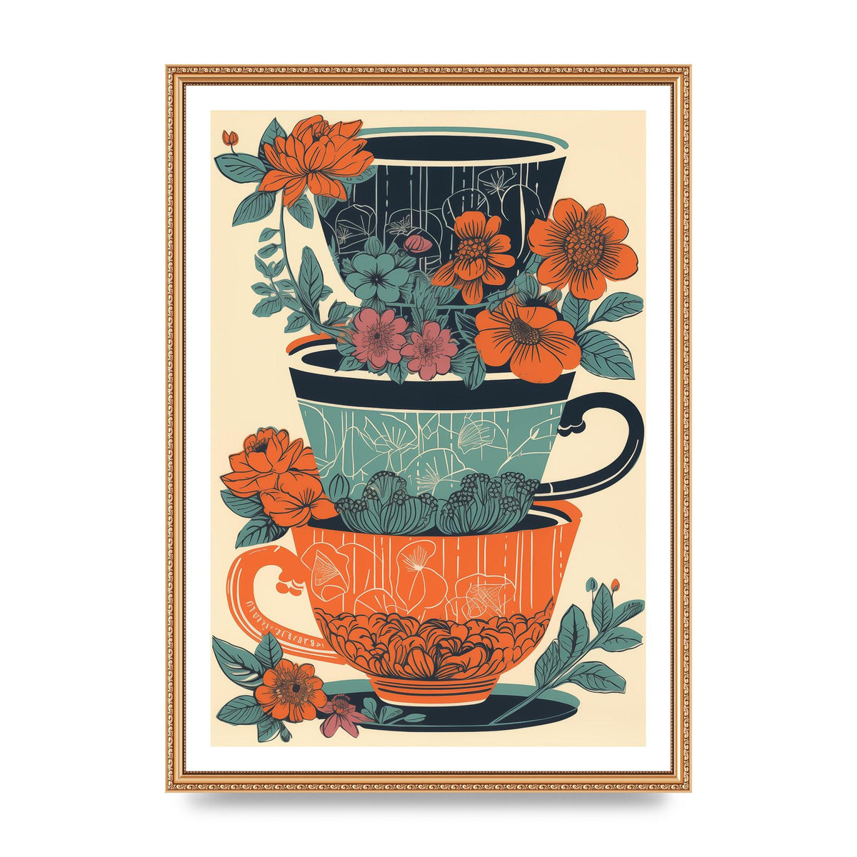Exquisite Trio of Floral Cups Risograph
