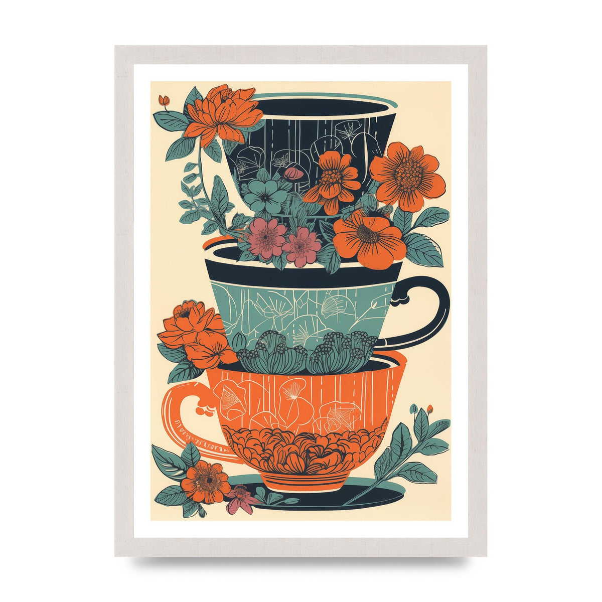 Exquisite Trio of Floral Cups Risograph