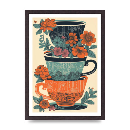 Exquisite Trio of Floral Cups Risograph
