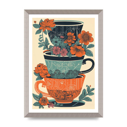 Exquisite Trio of Floral Cups Risograph