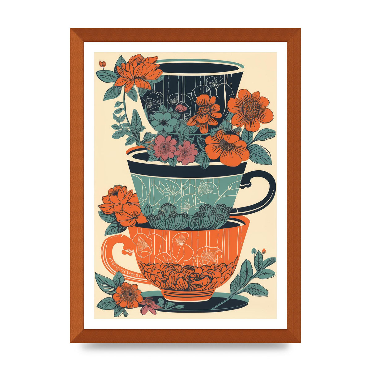 Exquisite Trio of Floral Cups Risograph