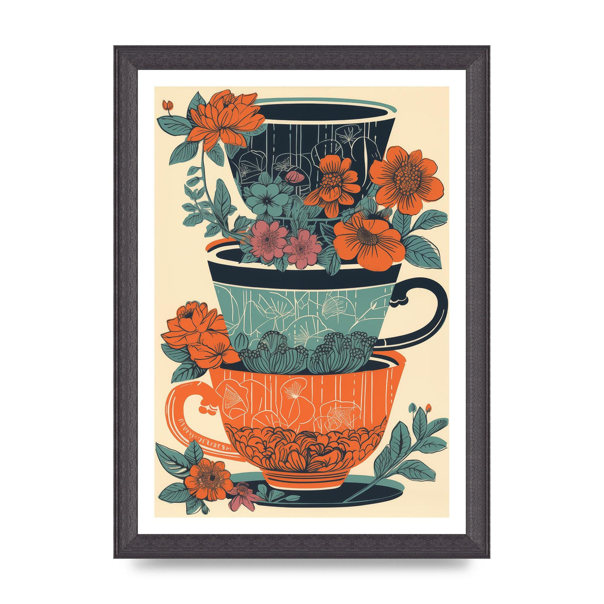 Exquisite Trio of Floral Cups Risograph