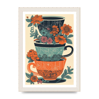 Exquisite Trio of Floral Cups Risograph