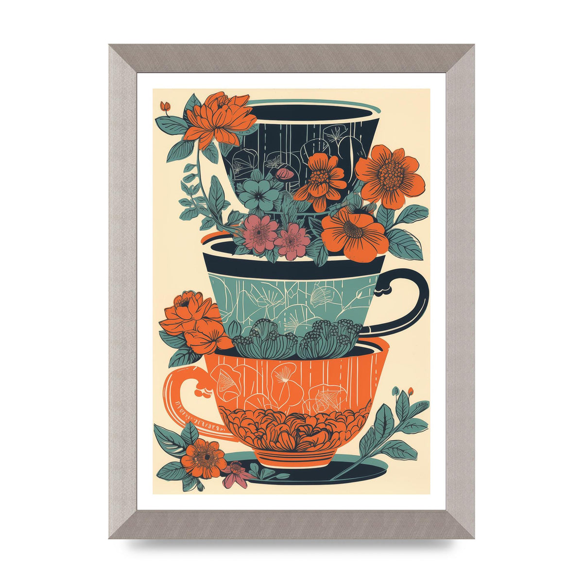 Exquisite Trio of Floral Cups Risograph