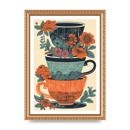 Exquisite Trio of Floral Cups Risograph