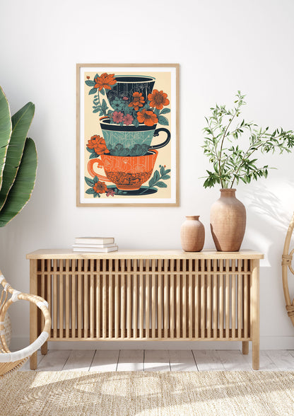 Exquisite Trio of Floral Cups Risograph