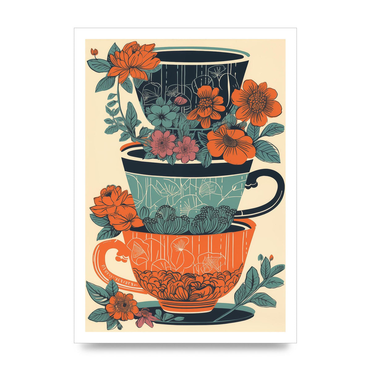 Exquisite Trio of Floral Cups Risograph