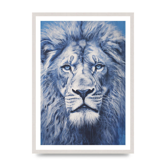 Regal Lion on Blue Background, print in an A2 white saw cut grain frame