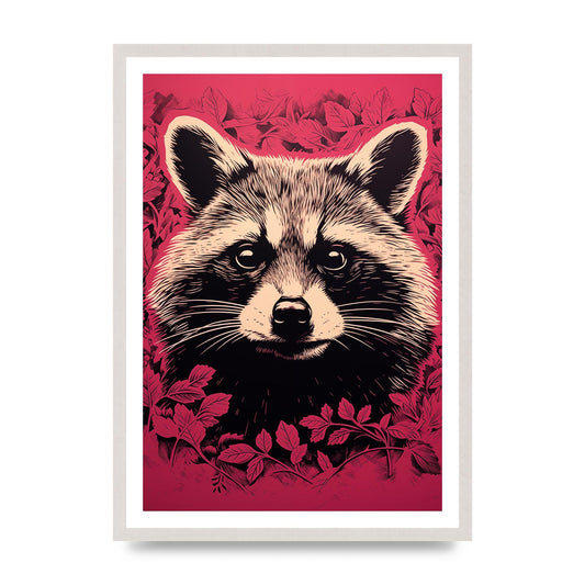 Raccoons Intense Eyes BW Art, print in an A2 white saw cut grain frame
