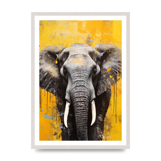 Textured Elephant Wisdom on Yellow, print in an A2 white saw cut grain frame